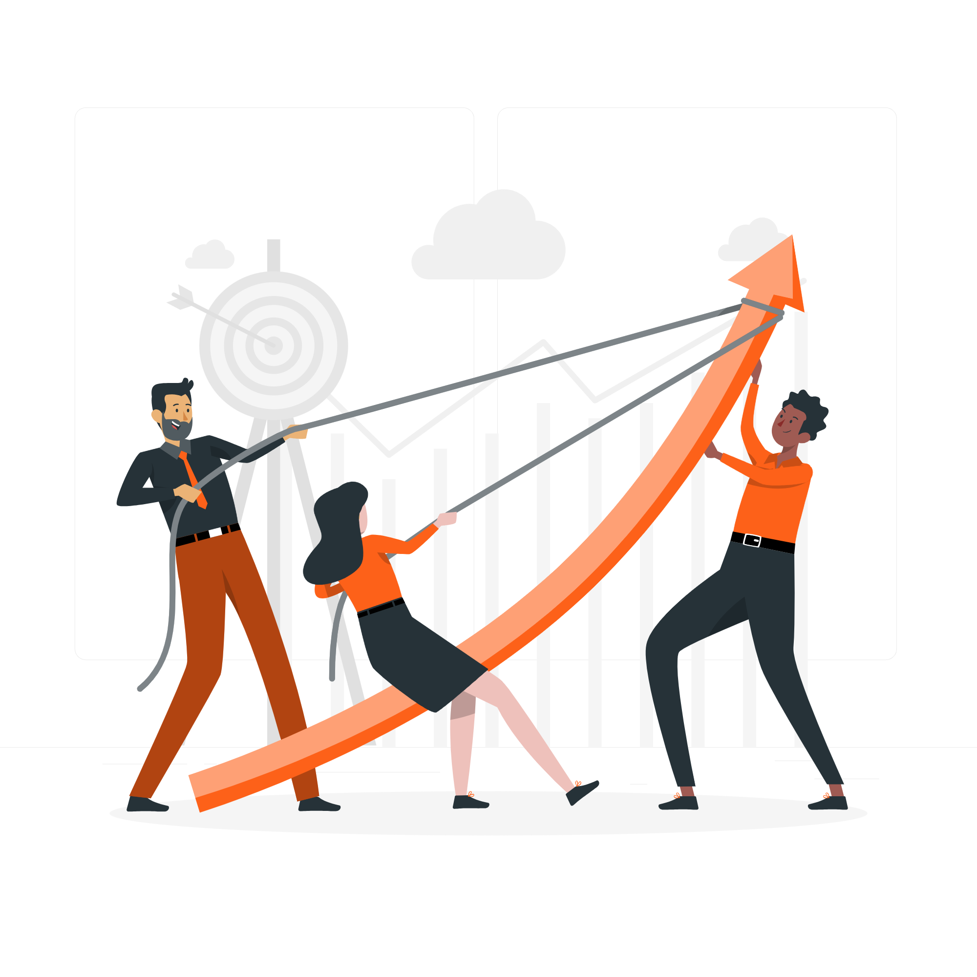 A team pulling together to bend a growth curve upward — a metaphor for collaborative hiring outcomes.